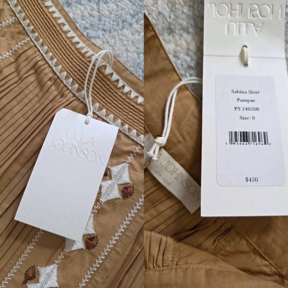 Ulla Johnson Midi Pleated Brown Sabina Embroidered Skirt 0 NWT - Picture 12 of 12